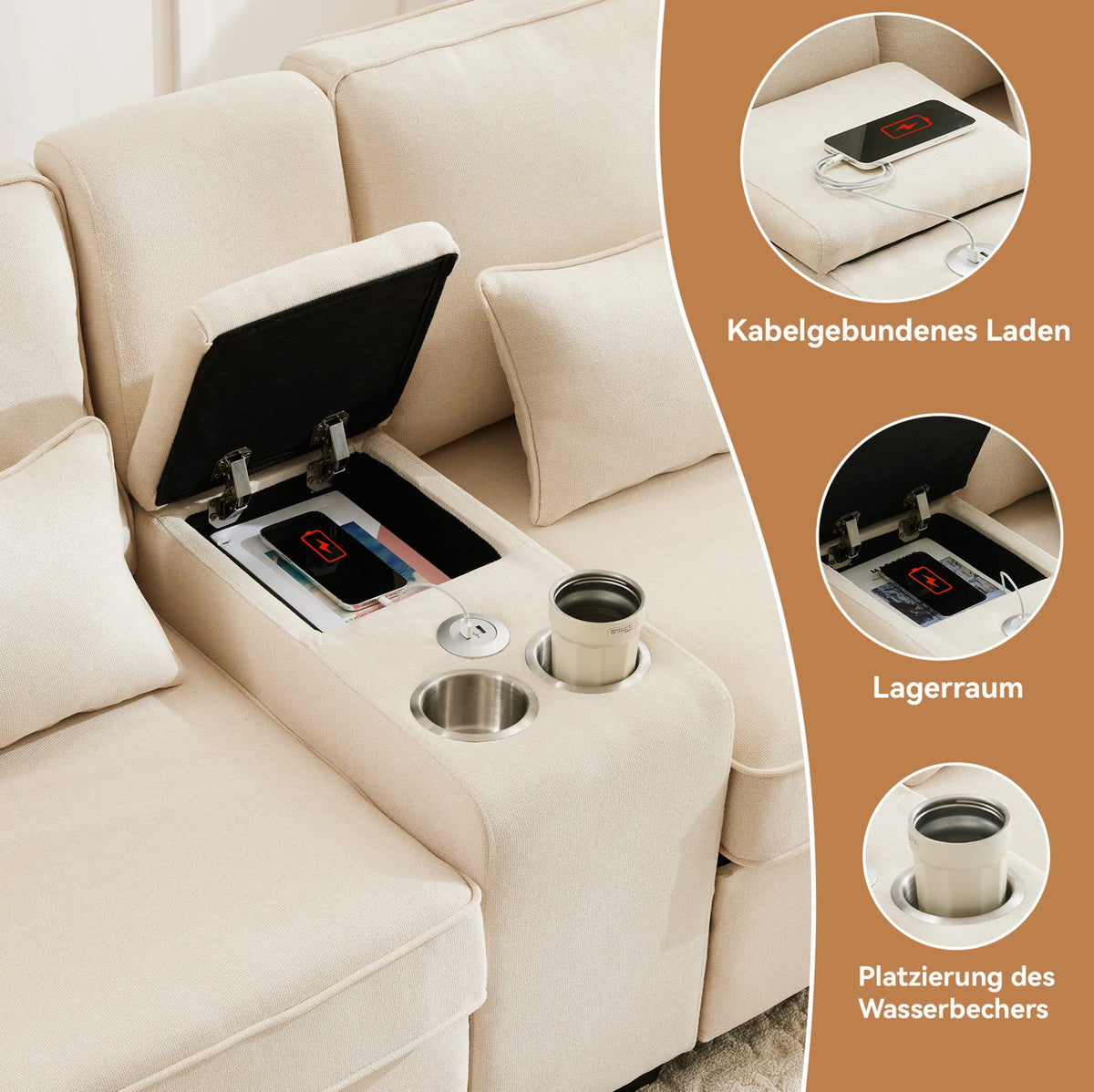 Canapé moderne 4 places en lin avec console, porte-gobelets, ports de charge USB, poches de rangement dans les accoudoirs et 4 coussins