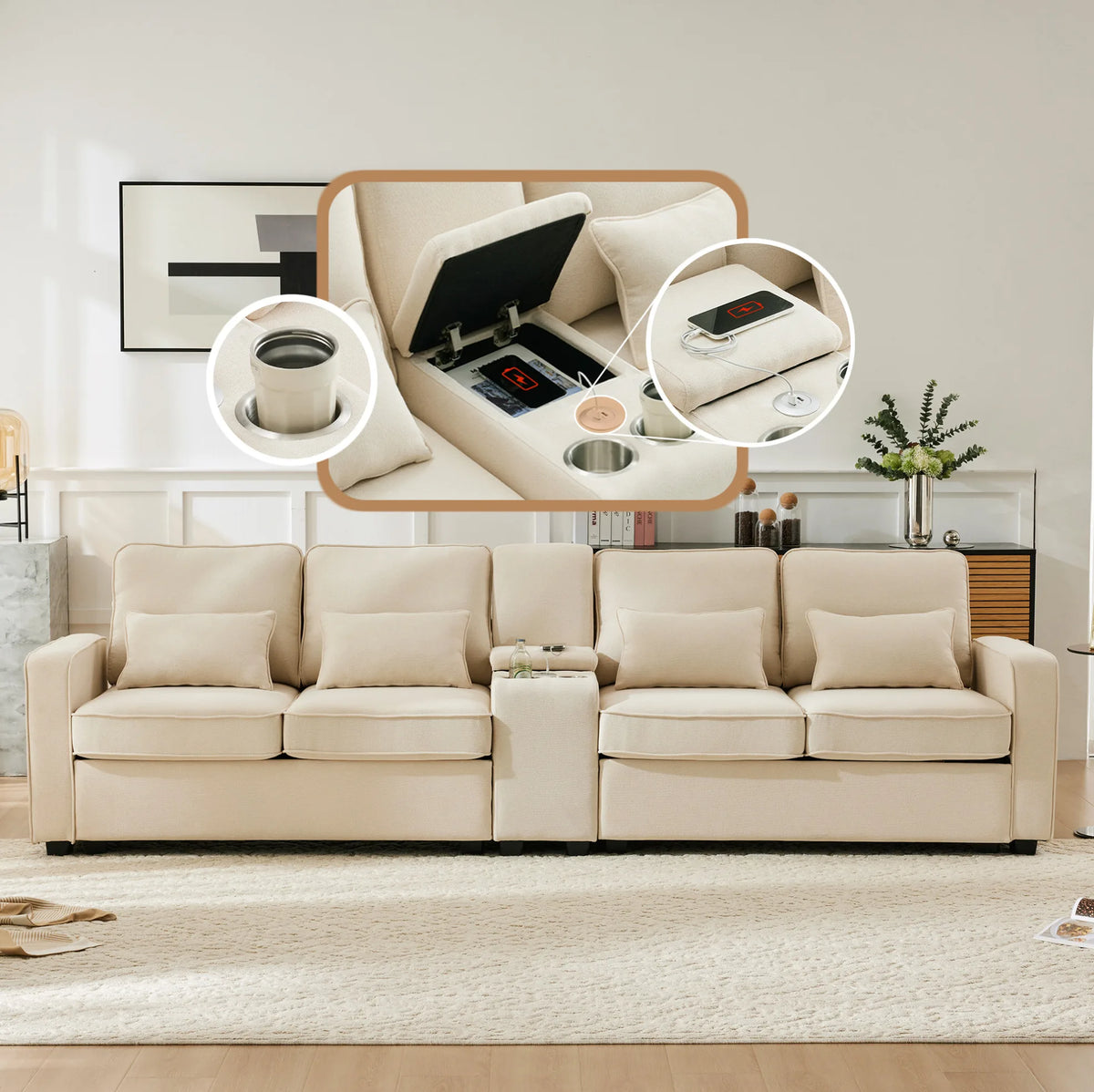 Canapé moderne 4 places en lin avec console, porte-gobelets, ports de charge USB, poches de rangement dans les accoudoirs et 4 coussins
