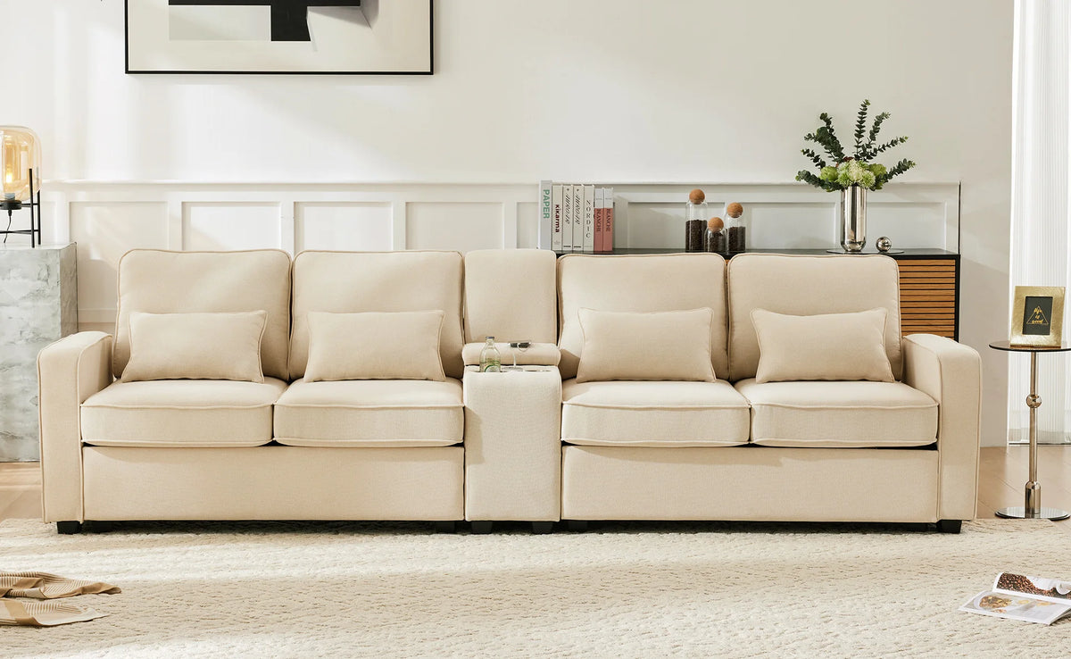 Canapé moderne 4 places en lin avec console, porte-gobelets, ports de charge USB, poches de rangement dans les accoudoirs et 4 coussins