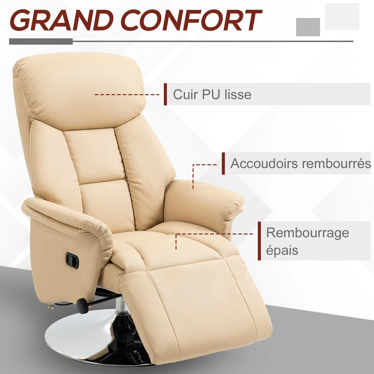 Fauteuil de relaxation inclinable pivotant repose-pied réglable accoudoirs