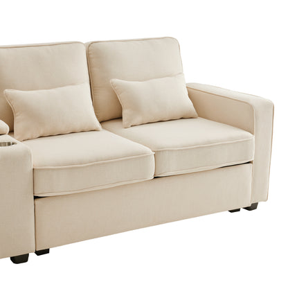 Canapé moderne 4 places en lin avec console, porte-gobelets, ports de charge USB, poches de rangement dans les accoudoirs et 4 coussins