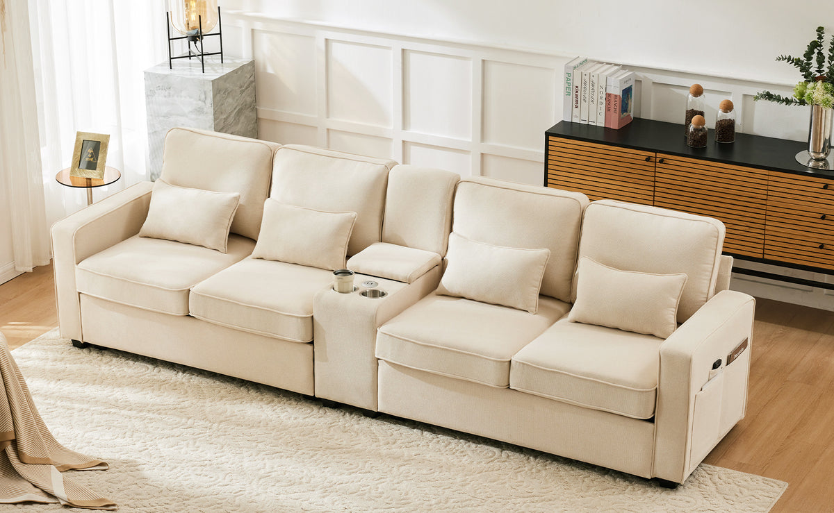 Canapé moderne 4 places en lin avec console, porte-gobelets, ports de charge USB, poches de rangement dans les accoudoirs et 4 coussins