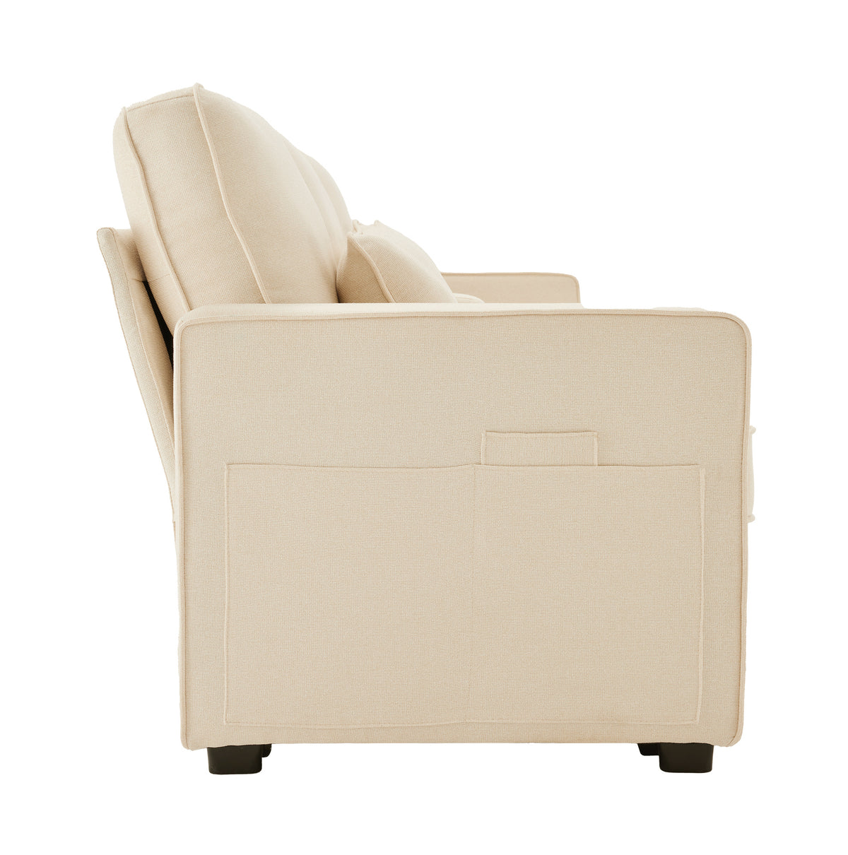 Canapé moderne 4 places en lin avec console, porte-gobelets, ports de charge USB, poches de rangement dans les accoudoirs et 4 coussins
