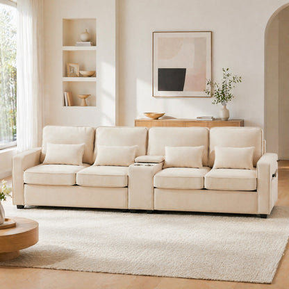Canapé moderne 4 places en lin avec console, porte-gobelets, ports de charge USB, poches de rangement dans les accoudoirs et 4 coussins