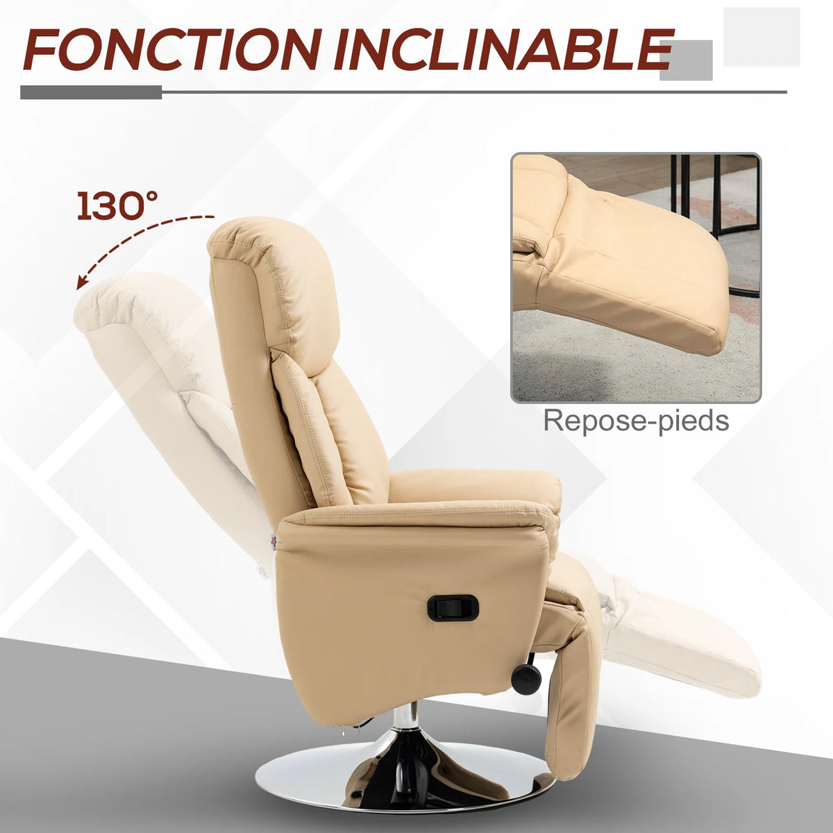 Fauteuil de relaxation inclinable pivotant repose-pied réglable accoudoirs