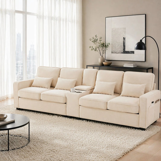 Canapé moderne 4 places en lin avec console, porte-gobelets, ports de charge USB, poches de rangement dans les accoudoirs et 4 coussins
