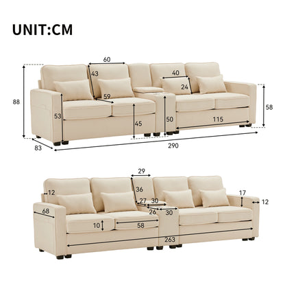 Canapé moderne 4 places en lin avec console, porte-gobelets, ports de charge USB, poches de rangement dans les accoudoirs et 4 coussins