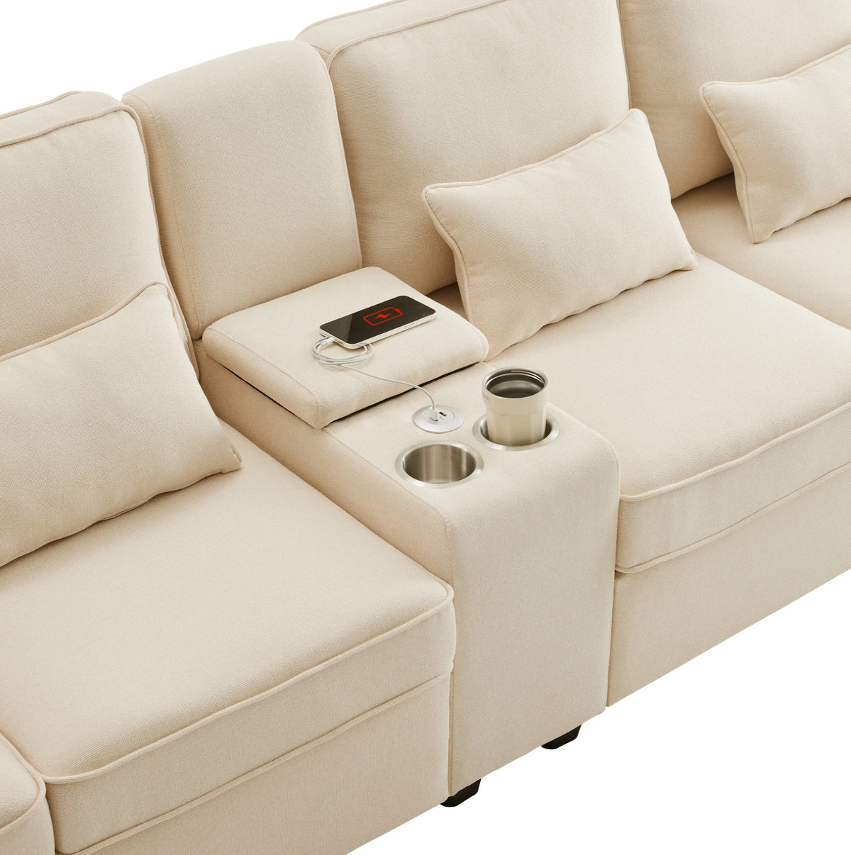 Canapé moderne 4 places en lin avec console, porte-gobelets, ports de charge USB, poches de rangement dans les accoudoirs et 4 coussins