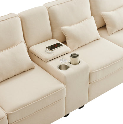 Canapé moderne 4 places en lin avec console, porte-gobelets, ports de charge USB, poches de rangement dans les accoudoirs et 4 coussins