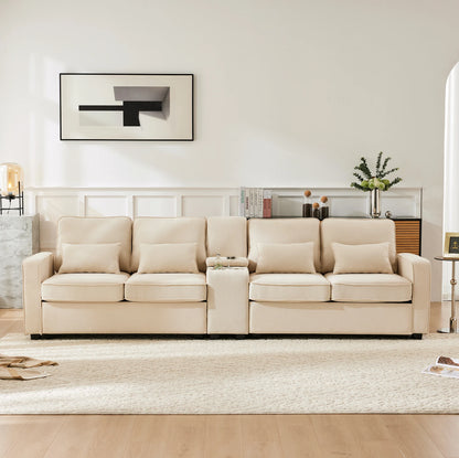 Canapé moderne 4 places en lin avec console, porte-gobelets, ports de charge USB, poches de rangement dans les accoudoirs et 4 coussins