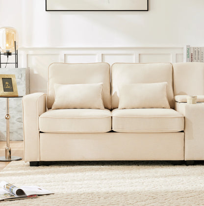Canapé moderne 4 places en lin avec console, porte-gobelets, ports de charge USB, poches de rangement dans les accoudoirs et 4 coussins