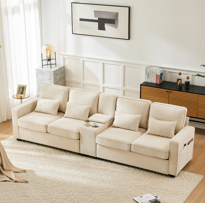 Canapé moderne 4 places en lin avec console, porte-gobelets, ports de charge USB, poches de rangement dans les accoudoirs et 4 coussins