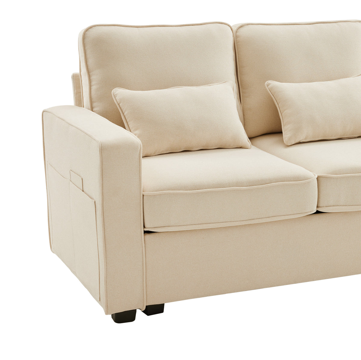 Canapé moderne 4 places en lin avec console, porte-gobelets, ports de charge USB, poches de rangement dans les accoudoirs et 4 coussins